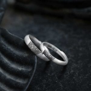 Custom Fingerprint Engraved Couple Rings – Adjustable Open Design, Solid Silver