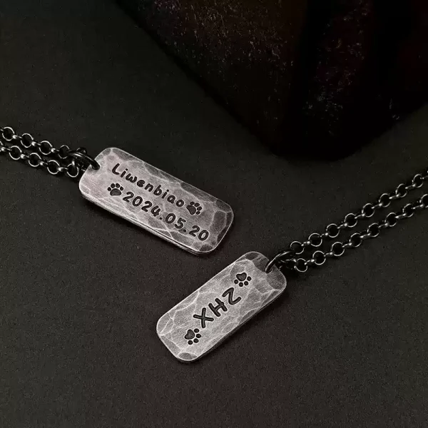 S999 Sterling Silver Handmade Engraved Couple Pendant – Vintage Oxidized Custom Anniversary Rectangle Tag Necklace