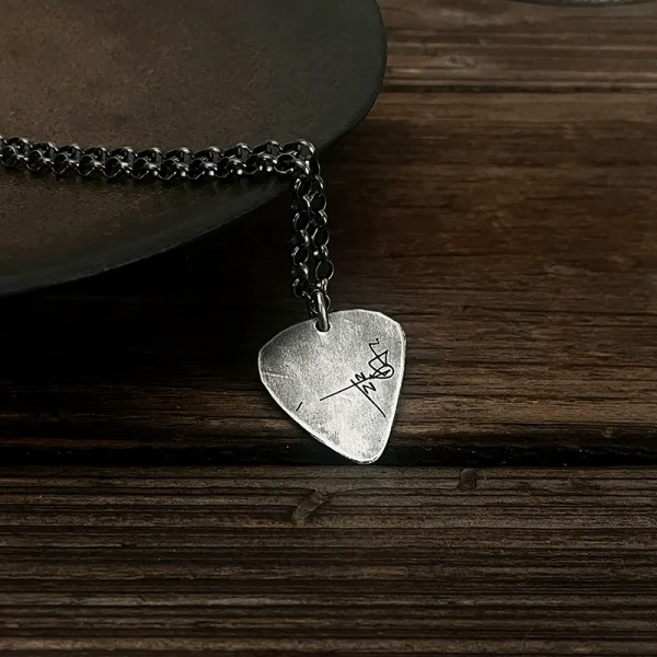 Custom S999 Sterling Silver Guitar Pick Necklace – Hand-Engraved Pendant for Men, Unique Couple Gift, Birthday Keepsake