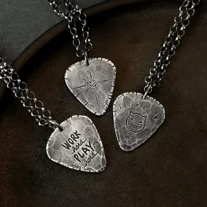 Custom S999 Sterling Silver Guitar Pick Pendant – Hand-Engraved Vintage Distressed Necklace for Men, Unique Couple Gift