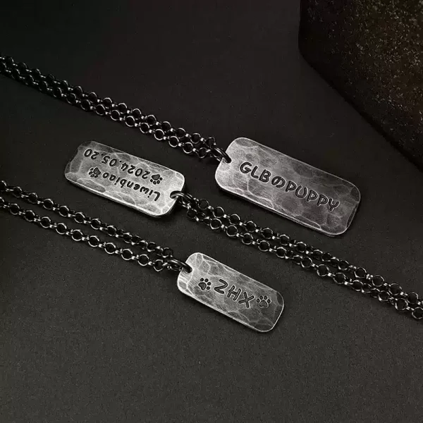 S999 Sterling Silver Handmade Engraved Couple Pendant – Vintage Oxidized Custom Anniversary Rectangle Tag Necklace