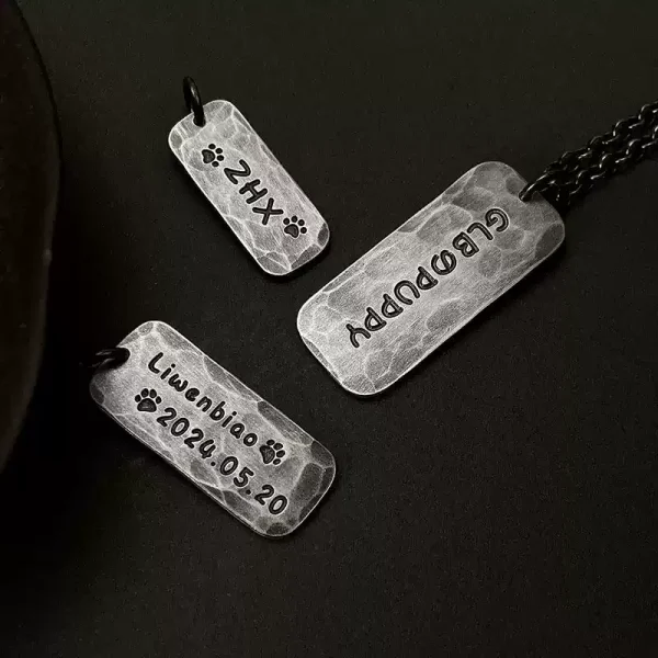S999 Sterling Silver Handmade Engraved Couple Pendant – Vintage Oxidized Custom Anniversary Rectangle Tag Necklace