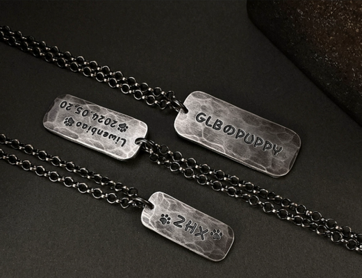 S999 Sterling Silver Handmade Engraved Couple Pendant – Vintage Oxidized Custom Anniversary Rectangle Tag Necklace