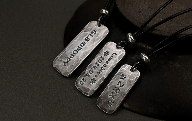 S999 Sterling Silver Handmade Engraved Couple Pendant – Vintage Oxidized Custom Anniversary Rectangle Tag Necklace
