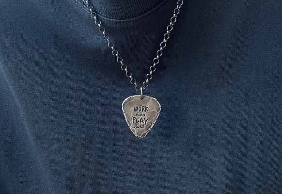 Custom S999 Sterling Silver Guitar Pick Pendant – Hand-Engraved Vintage Distressed Necklace for Men, Unique Couple Gift