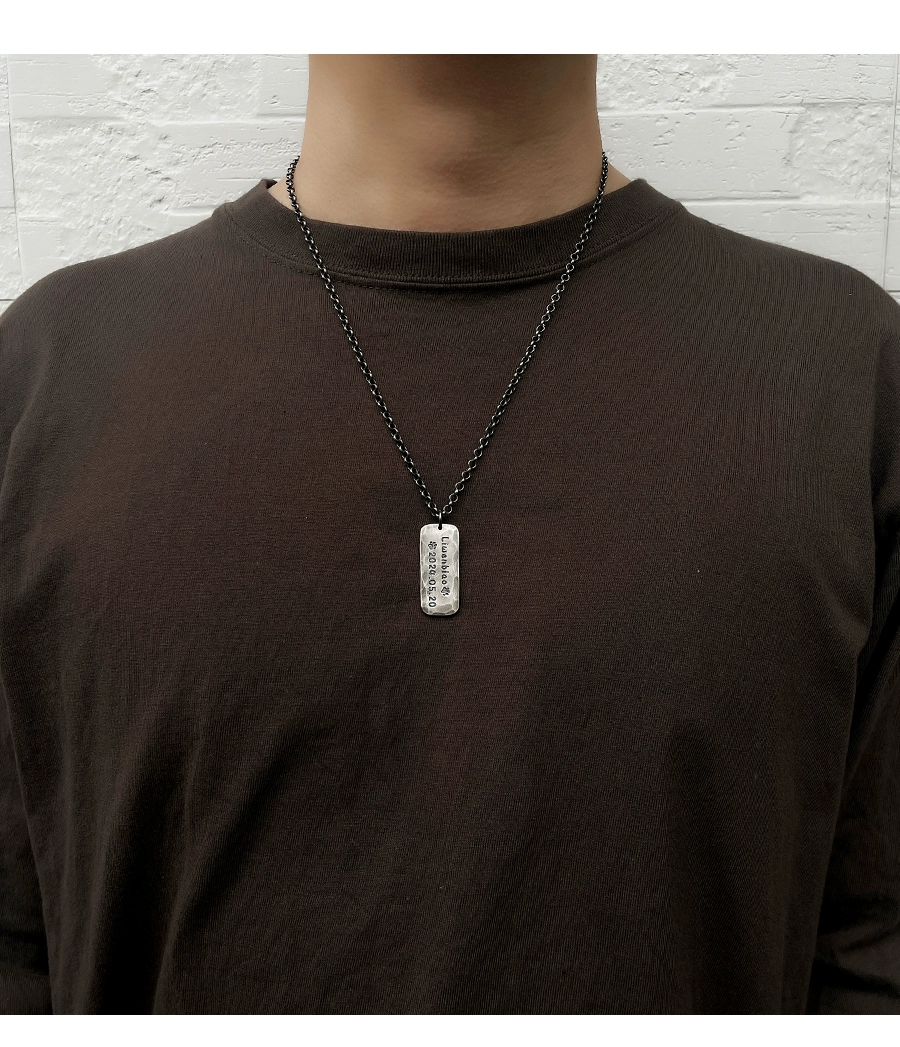 S999 Sterling Silver Handmade Engraved Couple Pendant – Vintage Oxidized Custom Anniversary Rectangle Tag Necklace