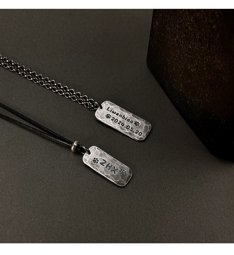 S999 Sterling Silver Handmade Engraved Couple Pendant – Vintage Oxidized Custom Anniversary Rectangle Tag Necklace