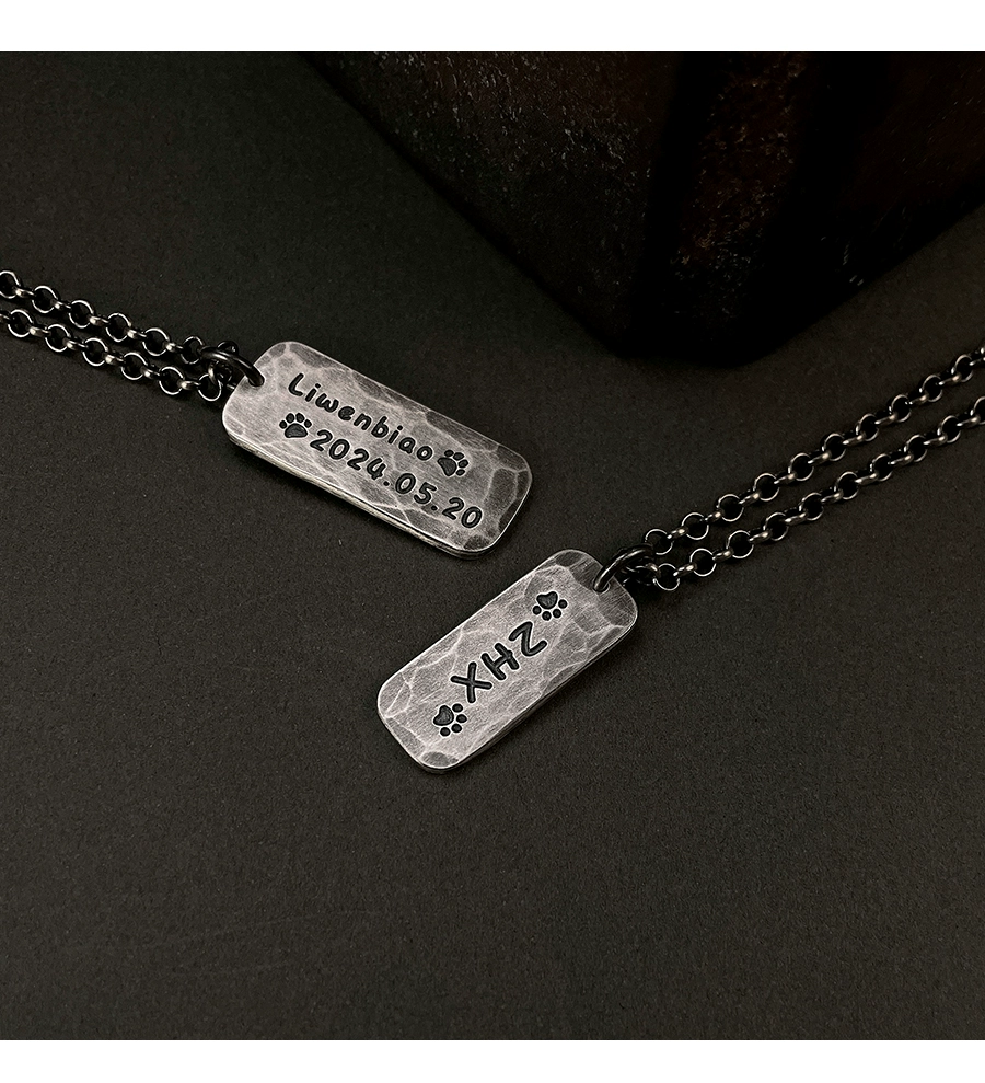 S999 Sterling Silver Handmade Engraved Couple Pendant – Vintage Oxidized Custom Anniversary Rectangle Tag Necklace