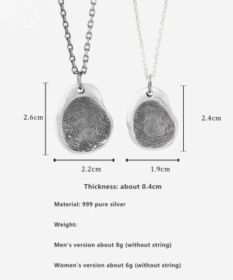 Custom Fingerprint Couple Necklace – 999 Sterling Silver Personalized Pendant Gift for Couples